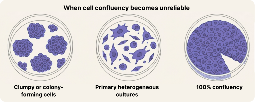 Illustration of three adherent cell culture scenarios—clumpy colony-forming cells, heterogeneous primary cells, and a fully confluent monolayer—showing conditions where cell confluency does not reliably reflect cell number or biological state.